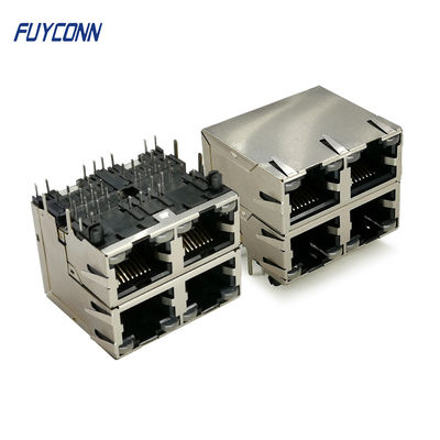 2x2 4 พอร์ต PCB 32 ขาขั้วต่อ RJ45 พร้อมไฟ LED สีเหลืองสีเขียว